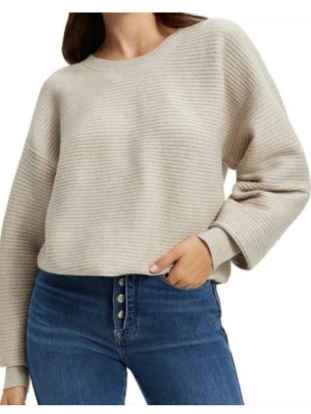 NWOT Good American Crewneck Ribbed Knit Sweater Long Sleeve Oatmeal Sz 1/S